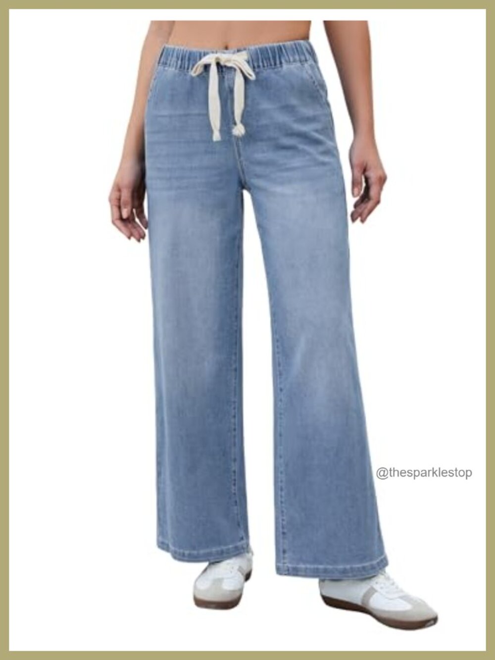High Waisted Wide Leg Pull On Elastic Waist Drawstring Stretchy Denim Jeans